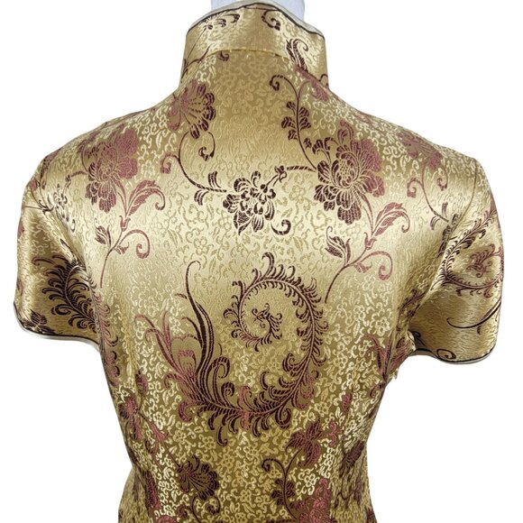 Modern Cheongsam Traditional Gold Brown Embroidery Floral Swirl Dress Korean 38 - Picture 12 of 16